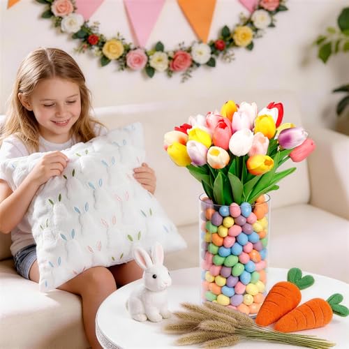ALFEVA Easter Decorations-Vase in Vase 15pcs Artificial Tulips and Approx 150pcs Easter Eggs Filler, Easter Vaseset Ready to Display，Spring Decorations for Home Table - size: 4.7"/2.7" Vase with 15 Tulips & Eggs