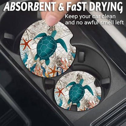 Yonlevres Car Coasters for Cup Holders，Sea Turtle 2.75" 2 Pack - color: Sea Turtle