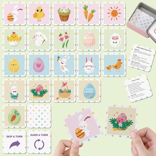Tinlade 46 Pcs Easter Memory Matching Game with Metal Tin Religious Bunny Egg Card Concentration Memory Games Card for Easter Basket Stuffers Party Family Games Spring Carnival Prizes