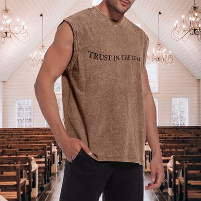 Mens Christian Tank Tops Trust in The Lord God Jesus Religious Faith Bible Verse Shirts Graphic Acid Wash Gym Tees - color: Coffee, size: X-Large