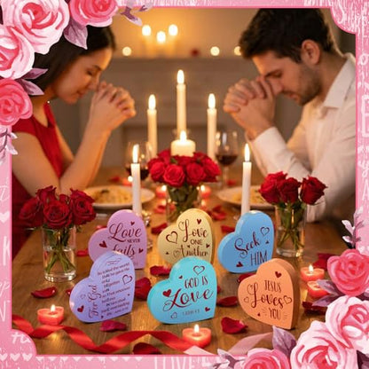 Funnymoom 6 Pcs Valentines Day Decorations Wooden Sign Christian Valentines Day Table Decorations Wood Heart Table Centerpiece Religious Bible Verses Tabletop Decor for Home Kitchen Office Desk Decor