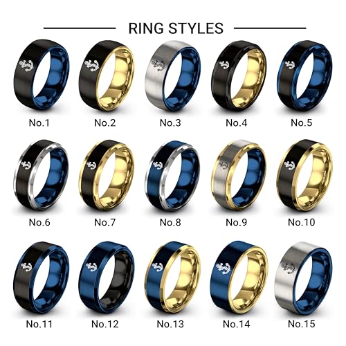 Gift for Nautical Fan - Anchor With Rope Ring - Men Women - Tungsten - Flat Dome Bevel - Band - Yellow Gold Black Silver Blue - Anniversary Wedding - 8mm - Brushed Polished - Personalized Custom Engra - color: 05 - Black Blue Tungsten
