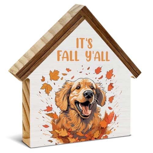 Fall Dog Decorations, Golden Dog Maple Leaves House Shaped Wood Block Sign - color: Its