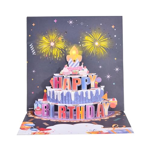 3D pop-up music birthday card - LED Light Cake Greeting Card - color: Cake - Fireworks