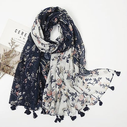 YOUR SMILE Large Boho Scarf for Women Lightweight Floral Printed Scarves Fall Winter Fashion Fringed Shawl wraps - color: 20 Navy/White Flower