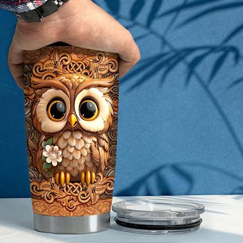 SANDJEST Personalized Owl Wood Drawings Tumbler 20oz 30oz Insulated Tumblers with Lid Coffee Travel Mug Cup for Women Owl Gifts for Birthday - color: Owl