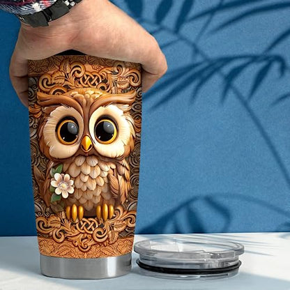 SANDJEST Personalized Owl Wood Drawings Tumbler 20oz 30oz Insulated Tumblers with Lid Coffee Travel Mug Cup for Women Owl Gifts for Birthday - color: Owl