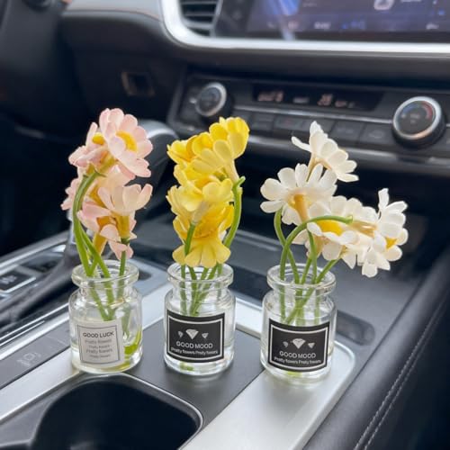 3PCS Daisy Flower Car Dashboard Decorations, Cute Mini Glass Vase Daisy Flower Vehicle Decor, Automotive Interior Aesthetic Dash Ornaments for Women Girl, Universal for SUV Truck Sedan