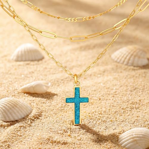 Cicy Bell Cross Pendant Necklace 18k Gold Plated Layered Necklaces - color: Style D-Blue