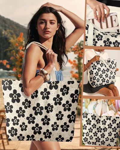 Miss Adola Large Tote Bag for Women - Canvas Tote Bag with Zipper Aesthetic Reusable Shoulder Bag for Gym, Travel, Work - style: Bk Spot Flower