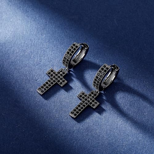 TOPGRILLZ Cross Hoop Dangle Earrings 925 Sterling Silver 5A+ Cubic Zirconia 14K Gold Hypoallergenic Cross Hoop Cuff Huggie Drop Earrings For Men Women - color: Black Cross Hoop