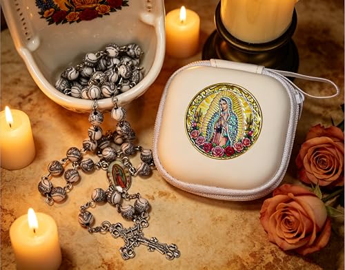 Handmade Rosary Beads for Women, Elegant Catholic Gifts for First Communion, Confirmation & Spiritual Prayer, Unique Beaded Rosary Necklace with Zippered Case - color: White - Our Lady of Guadalupe