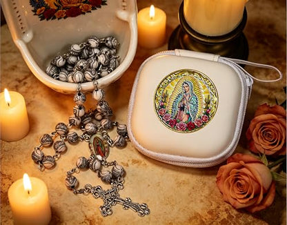 Handmade Rosary Beads for Women, Elegant Catholic Gifts for First Communion, Confirmation & Spiritual Prayer, Unique Beaded Rosary Necklace with Zippered Case - color: White - Our Lady of Guadalupe