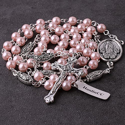 HanlinCC Guadalupe Catholic Rosary Glass Pearl Beads Necklace with Gift Box - color: Guadalupe Rosary Pink