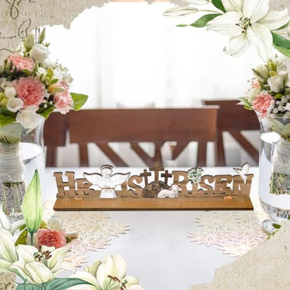 Vercraft Easter Decorations He Is Risen Wooden Sign Religious Table Centerpiece Christian Farmhouse Tabletop Sign for Tiered Tray Decor Fireplace Mantel Room Birthday Spring, 2.2 x 9.7 Inch(Fresh) - style: Fresh