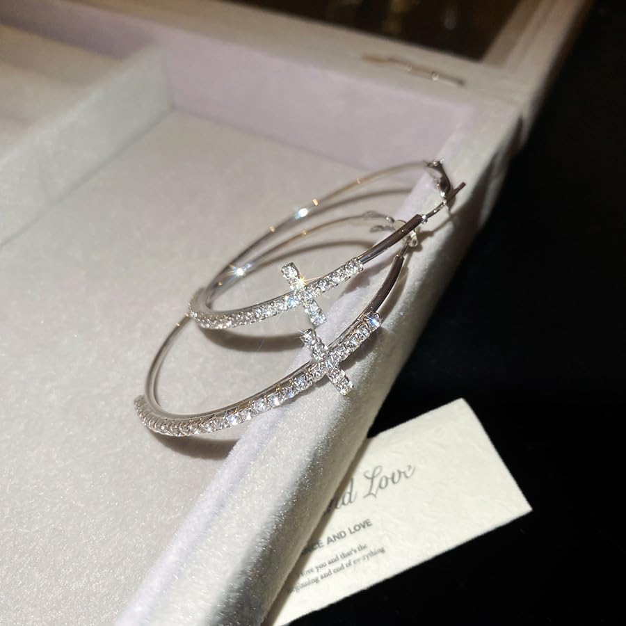 Cross Hoop Earrings for Women Trendy Large Cross Rhinestone Sparkly Hoop Earings Prom Wedding Party Formal Jewelry - color: silver W2