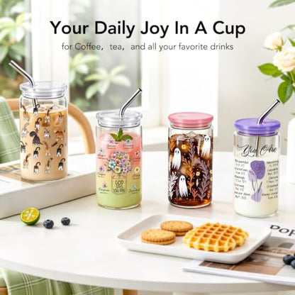 Christian Gifts for Women 16 oz Glass Cups with Lids and Straws, Inspirational Bible Verse Iced Coffee Cup Tumbler for Daily Use, Mothersday Baptism Birthday Religious Gifts for Church Friends