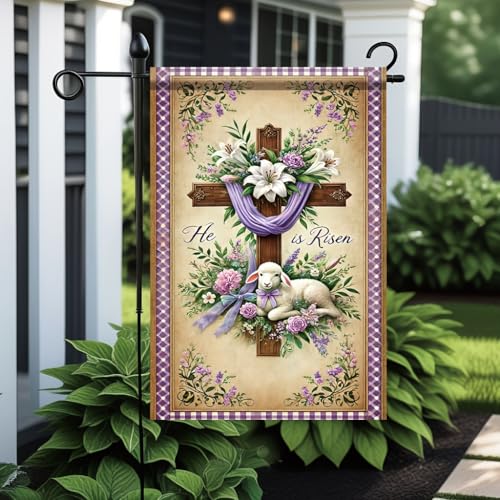 He Is Risen Easter Garden Flag 12x18 Inch Double Sided Outdoor Yard Banner Cross Lily and Lamb Christian Spring Decoration for Church Porch Lawn and Home - color: Easter Lamb Risen #1