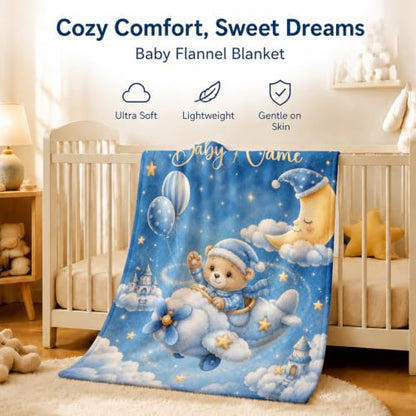 Custom Baby Blanket for Boys, Personalized Baby Blanket with Name for Gift - color: Cute Little Bear - Airplane