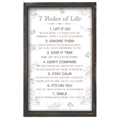Positive 7 Rules of Life Wall Decor Sign - Affirmation Inspirational Life Attitude Plaque in Solid Wood 16x9.5 Inches Vertical - Motivational Framed Signs for Living Room - color: Rustic 7 Rules of Life