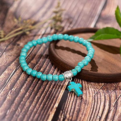 Softones 6mm Bead Cross Pendant Bracelet for Women Healing Stone Stretch Prayer Bracelet for Women,with Gift Box - color: Turquoise
