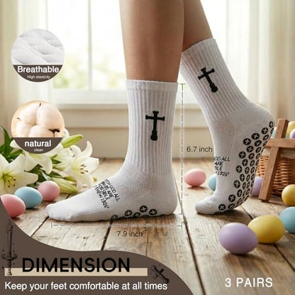 3 Pair Grip Christian Soccer Socks,Easter,Christmas Gift for Men - color: Matthew 19:26 - White