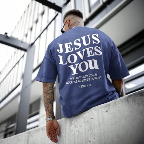 Mens Christian Shirts Jesus is King Love You Tshirt God Faith Religious Bible Verse Oversized Acid Wash Graphic Tees - color: Blue, size: X-Small