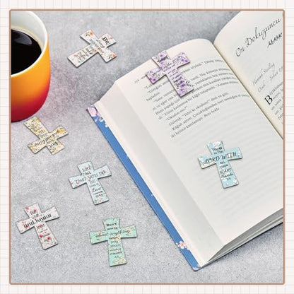 48 PCS Magnetic Cross Bookmarks Christian Cross Page Markers Flowers Bookmark with Religious Bible Verses Inspiration Sayings Gifts for Mother's Day Women Students Bible Study School Church
