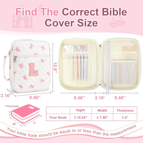 Personalized Initial Bible Cover Case for Women Girls Kid - Large Quilted Bible Case with Handle,Chenille Letter Bag Study Supplies,Christmas Gifts for Christians Birthday Graduation(Pink Bow-L) - color: Pink Bow, size: letter-L