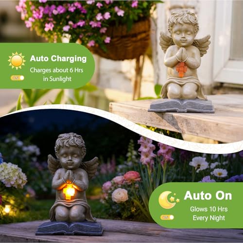 Solar Cherub Statue for Outside - Angel with Glowing LED Cross Light - color: Off-white