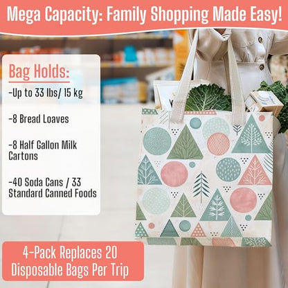 VENO 4 Pack Large Grocery Bag Reusable Shopping Bags with Hard Bottom - color: A - Pastel Forest