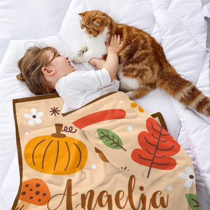 Custom Fall Blanket Autumn Soft Cozy Harvest Blanket with Pumpkin Leaves Mushroom for Boys Girls Kids Adults Personalized Halloween Blankets Christmas Birthday Gifts - color: Autumu-05
