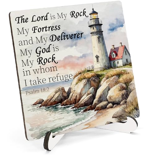 Coastal Lighthouse Christian Wooden Sign Desk Decor, the Lord Is My Rock Bible Verse Wood Plaque Sign With Stand for Beach House Home Office Desk Table Shelf Decoration, 5x5 Inch - color: Lighthouse Faith, size: 5x5x1.1 in