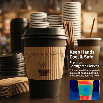 12oz Disposable Coffee Cups with Lids, Kraft Sleeves & Straws, 100 Pack Black Paper Hot Drink Cups - color: Black, size: 12oz-100Pack