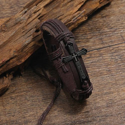 Religious Cross Leather Bracelet Adjustable Bangle Braided Jewelry for Men Cross Alloy Bracelet - color: Brown