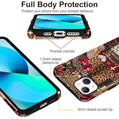 for iPhone 15 6.1'' Brown Cheetah Christian Phone Case - color: Red Cherry Leopard Collage, size: iPhone 15