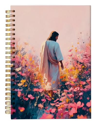 bitCNY Inspirational Jesus Notebook 8.3x5.5 Inch – Jesus in Flower Garden Spiral Journal, Pastel Christian Notebook with Lined Pages for Prayer & Study - color: white-Jesus in Flower Garden