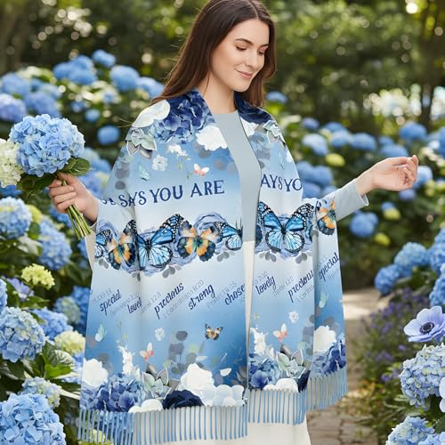 The Virgin Mary Bible Verse Shawls for Women, Catholic Christian Blanket Scarf Gifts or Mom Teacher Christmas - color: Blue Butterfly