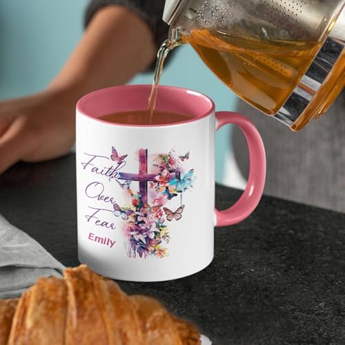 Custom Christian Faith Ceramic Cup, Floral Cross And Butterfly Design Mug, Personalized Name Motivational Cup, Christian Bible Verse Mug Gifts, Customized Christian Coffee Cup 11oz 15oz - color: HOA-624-2157-FAITH OVER FEAR MUG