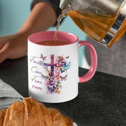 Custom Christian Faith Ceramic Cup, Floral Cross And Butterfly Design Mug, Personalized Name Motivational Cup, Christian Bible Verse Mug Gifts, Customized Christian Coffee Cup 11oz 15oz - color: HOA-624-2157-FAITH OVER FEAR MUG
