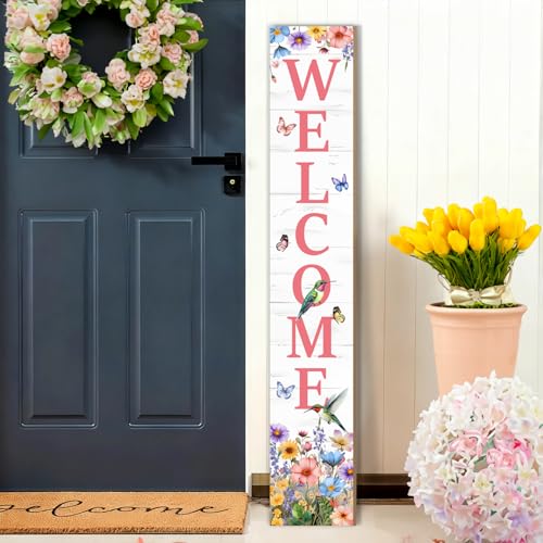 Hummingbird Welcome Sign for Front Door, Fall Porch Sign Tulip Flowers Outdoor Yard Sign Seasonal Tall Floral Welcome Porch Sign Wildflowers Wood Door Sign for Garden Patio Wall Home Decor - color: Spring Hummingbird Flowers