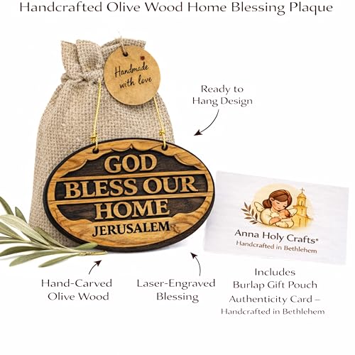 Handmade Olive Wood God Bless Our Home Wall Plaque from Bethlehem – Christian Wall Decor, Religious House Blessing Sign, Holy Land Wooden Wall Hanging with Gift Pouch & Certificate of Authenticity
