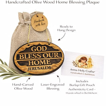 Handmade Olive Wood God Bless Our Home Wall Plaque from Bethlehem – Christian Wall Decor, Religious House Blessing Sign, Holy Land Wooden Wall Hanging with Gift Pouch & Certificate of Authenticity