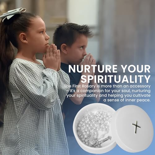Baptism Gifts for Boys and Girls – White Rosary with Ceramic Keepsake Box and Card - color: White