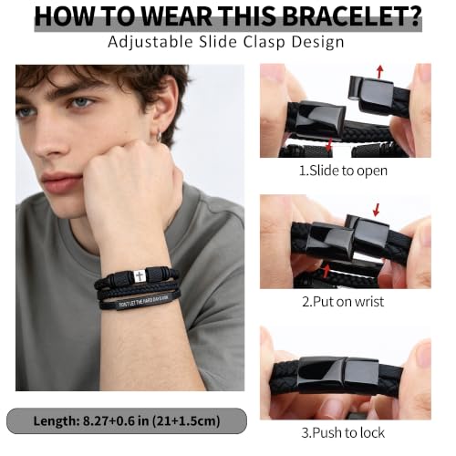 Leather Cross Bracelet for Men, Inspirational Christian Bracelet - color: DON'T LET THE HARD DAYS WIN