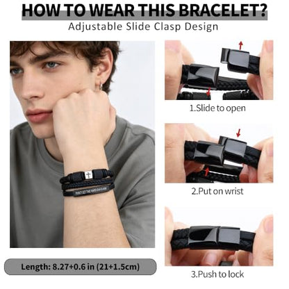 Leather Cross Bracelet for Men, Inspirational Christian Bracelet - color: DON'T LET THE HARD DAYS WIN