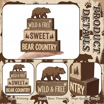 Britimes Tiered Tray Decor Set, 4 Pack, Wooden Table Sign, Woodland Bear - style: Brown Bear