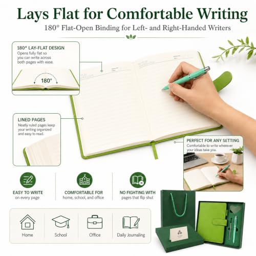 A5 Leather Journal for Women Men, Hardcover Notebook Set with Pen, green - color: green