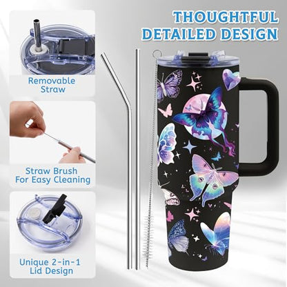 40oz Tumbler with Handle & Straw, Butterfly Gifts for Women - color: Butterfly-Black