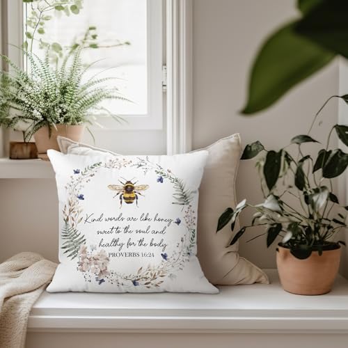 Christian Bee Pillow Cover 18x18 Inch, Bumble Bee Flower Wreath Throw Pillow Cover Decor, Religious Bible Verse Decorative Pillowcase for Home Living Room Bedroom - color: Bee
